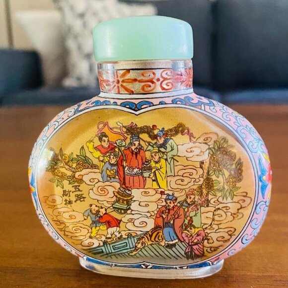 Vintage Chinese Snuff Bottle Hand Reverse Painted Jade Stopper - Picture 2 of 6